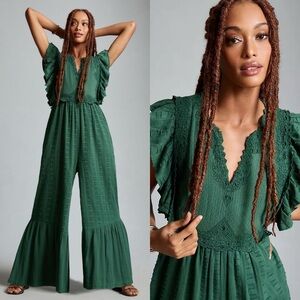 Anthropologie / NWT Embroidered Flounce Jumpsuit in Blue Sage